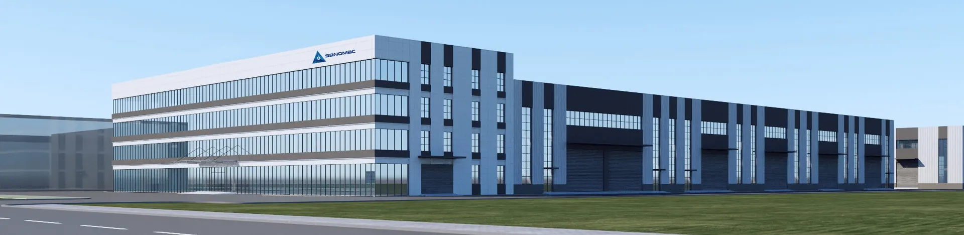 The crane manufacturing plant and office building seen from the approach road