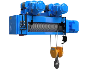 Electric wire rope hoist with twin drive motors, rope drum and hook block