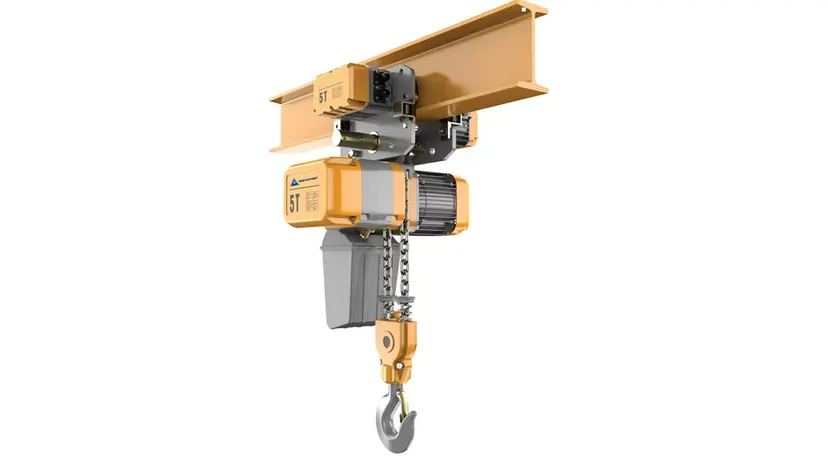 Beam-mounted electric chain hoist on a slewing jib arm