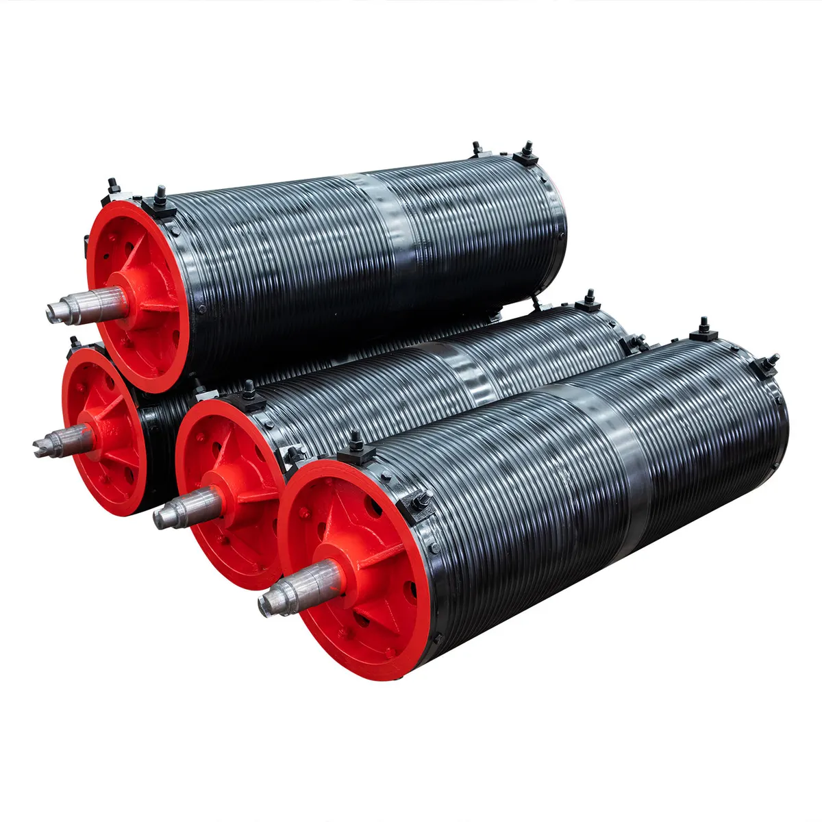 Machined wire rope drums laid out for dimensional inspection