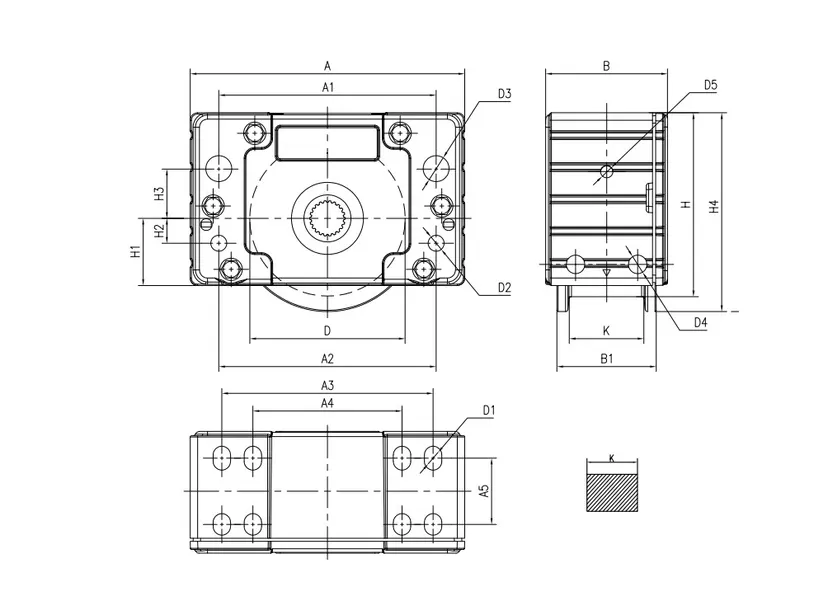 Dimensioned engineering drawing of a crane wheel block assembly