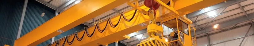 Overhead crane with festoon power system running the length of a production bay